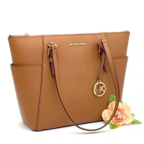 Michael Kors Large Charlotte Tote Bag Luggage Leather Luggage Brown - Picture 2 of 14